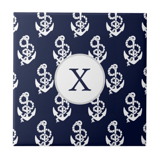 Personalisierte Monogram Navy Blue Anchor Nautic Fliese (Vorderseite)