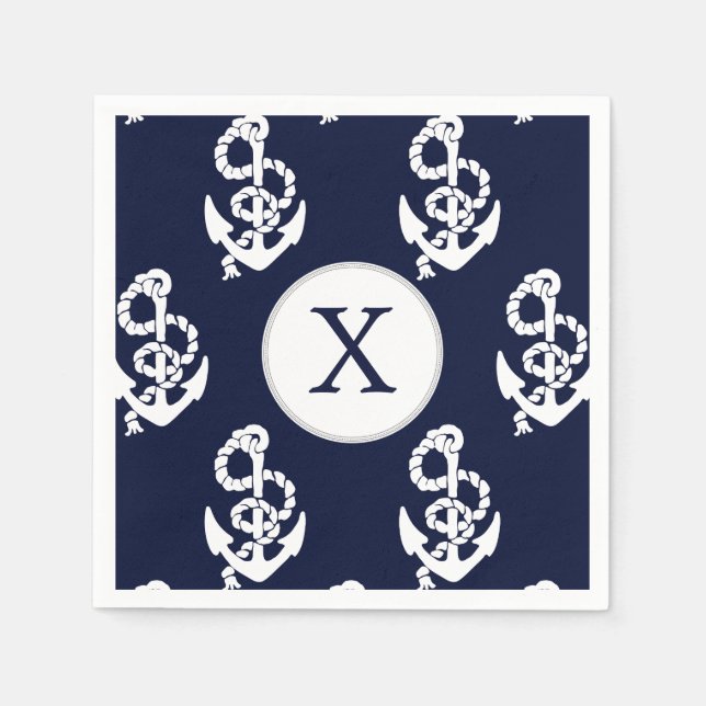 Personalisierte Monogram Navy Blue Anchor Nautic Serviette (Vorderseite)