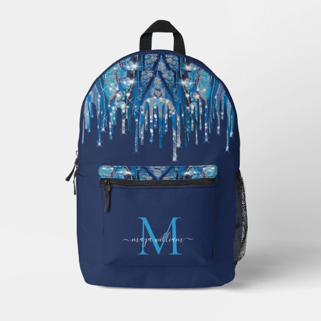 Personalisierte Monogram Novy Blue Glitzer Tropfen Bedruckter Rucksack (Vorderseite)