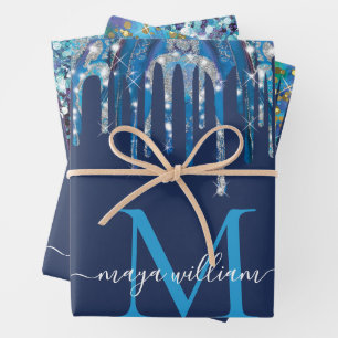 Personalisierte Monogram Novy Blue Glitzer Tropfen Geschenkpapier Set