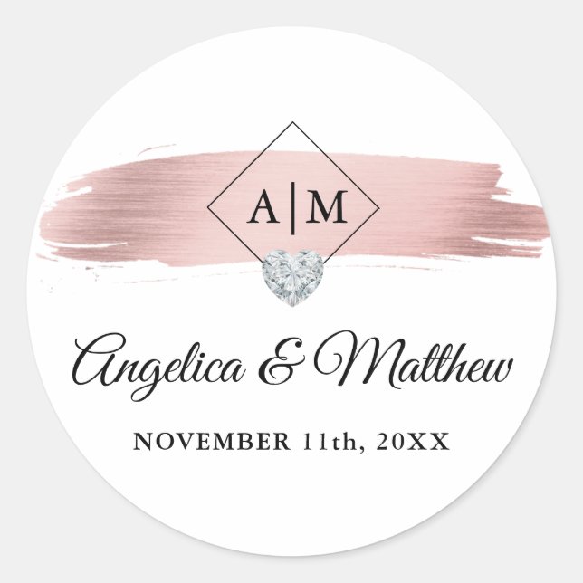 Personalisierte Monogram Rose Gold Heart Wedding Runder Aufkleber (Vorderseite)