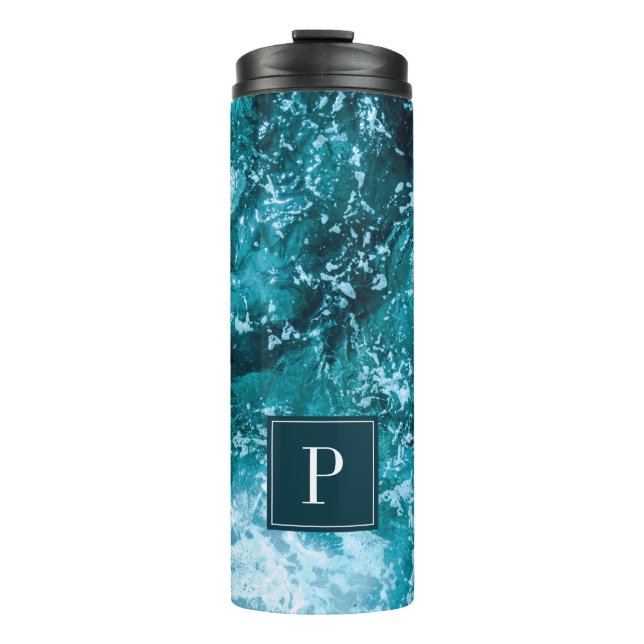 Personalisierte Monogram Türkis Sea Waves Thermosbecher (Vorderseite)