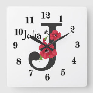 Personalisierte monogramm bearbeitbare J-Text-rote Quadratische Wanduhr