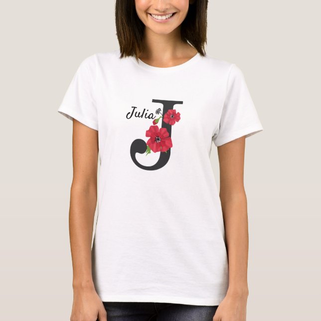 Personalisierte monogramm bearbeitbare J-Text rote T-Shirt (Vorderseite)