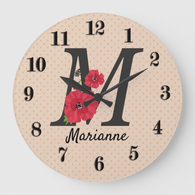 Personalisierte monogramm bearbeitbare M-Text-rote Große Wanduhr (Vorderseite)