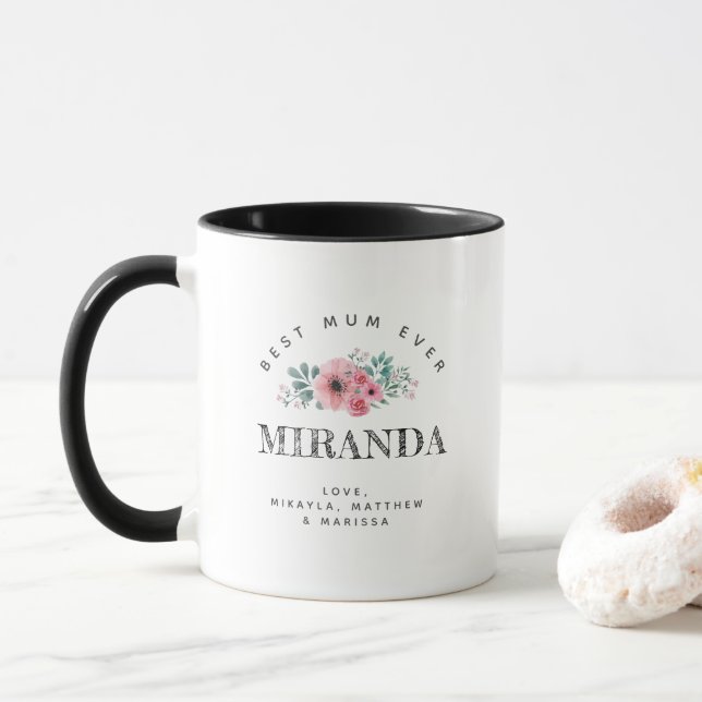 Personalisierte Monogramm beste Mama je rosa Blume Tasse (Mit Donut)