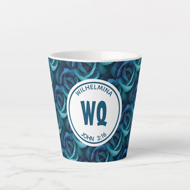 Personalisierte Monogramm blaue Rose Christlich Milchtasse (Vorderseite)