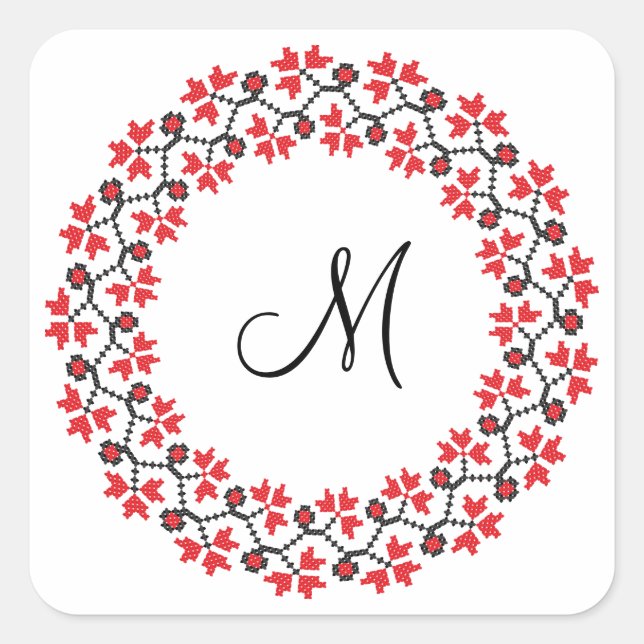 Personalisierte Monogramm-Blume Roter Ring Quadratischer Aufkleber (Vorderseite)