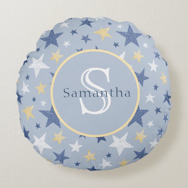 Personalisierte Monogramm für blaue und gelbe Wint Rundes Kissen (Vorderseite)