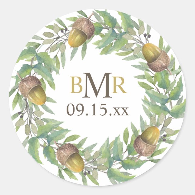 Personalisierte Monogramm-Hochzeit im Herbst Acorn Runder Aufkleber (Vorderseite)