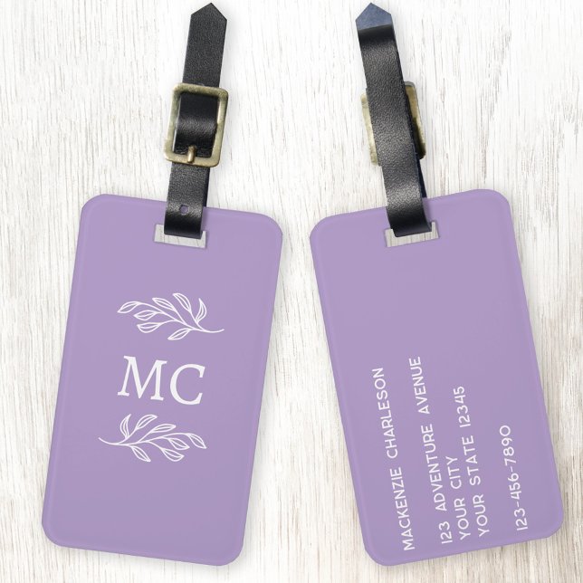 Personalisierte Monogramm-Initialen Botanisches Bl Gepäckanhänger (Personalized monogram initial botanical leaf art minimalist pastel lilac purple luggage tag)
