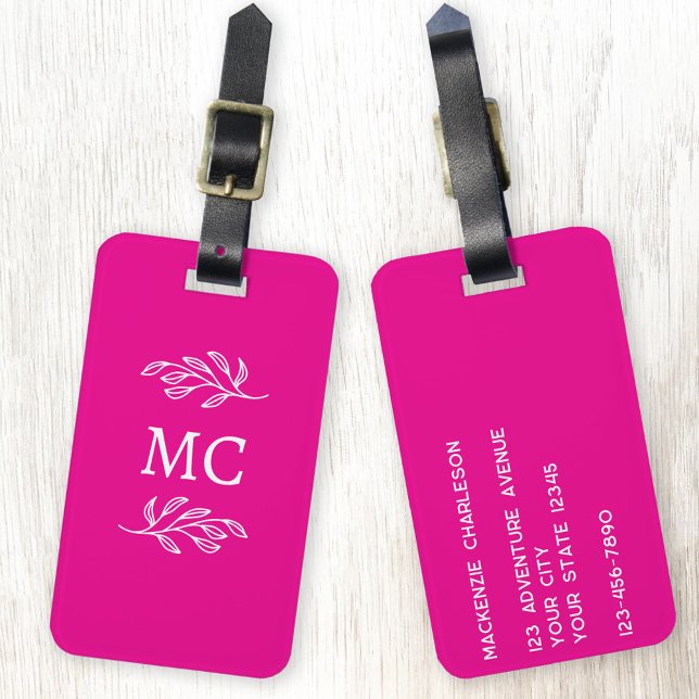 Personalisierte Monogramm-Initialen Botanisches Bl Gepäckanhänger (Personalized monogram initial botanical leaf art minimalist hot pink luggage tag)