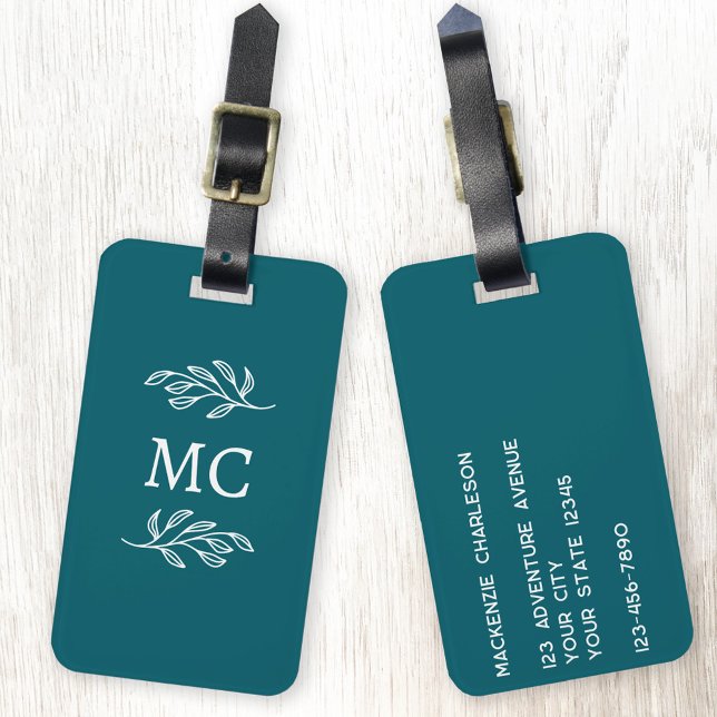 Personalisierte Monogramm-Initialen Botanisches Bl Gepäckanhänger (Personalized monogram initial botanical leaf art minimalist teal green luggage tag
)