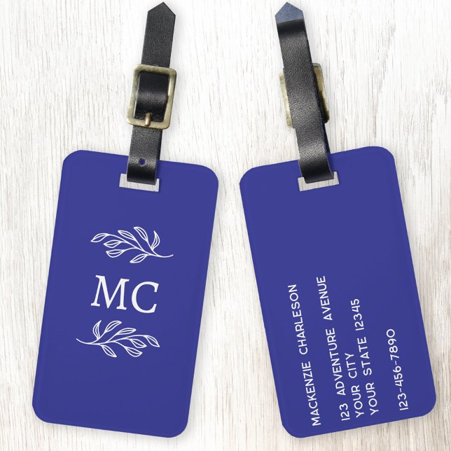 Personalisierte Monogramm-Initialen Botanisches Bl Gepäckanhänger (Personalized monogram initial botanical leaf art minimalist cobalt blue luggage tag)