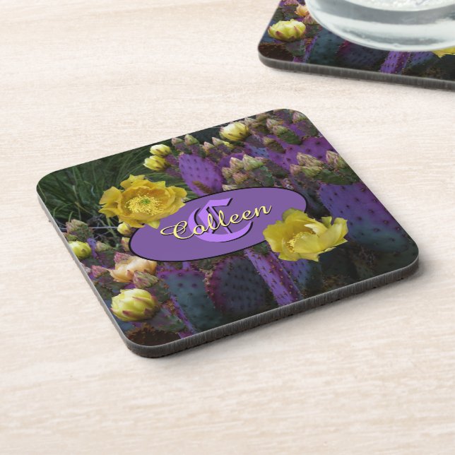 Personalisierte Monogramm Lila Kaktus Gelbe Blumen Getränkeuntersetzer (Linke Seite)