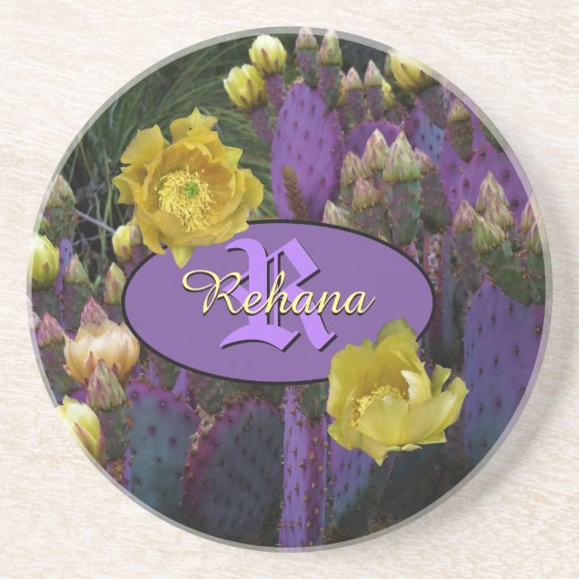 Personalisierte Monogramm Lila Kaktus Gelbe Blumen Getränkeuntersetzer (Vorne)
