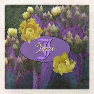 Personalisierte Monogramm Lila Kaktus Gelbe Blumen Glasuntersetzer