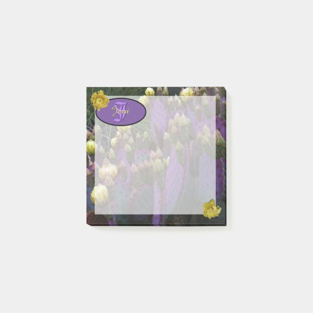 Personalisierte Monogramm Lila Kaktus Gelbe Blumen Post-it Klebezettel (Vorderseite)