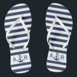 Personalisierte Monogramm-Nautische Streifen und A Flip Flops<br><div class="desc">Personalisierte Monogramm Nautische Streifen und Ankerblauer Flip Flops.</div>