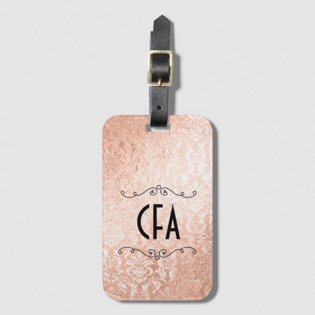 Personalisierte Monogramm-Rose Gold-Damaskus Gepäckanhänger (Vorderseite Vertikal)