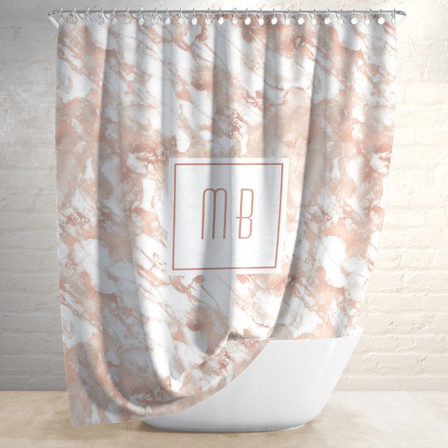Personalisierte Monogramm Rose Gold Weißer Marmor Duschvorhang (Personalized Monogram Rose Gold White Marble Shower Curtain)