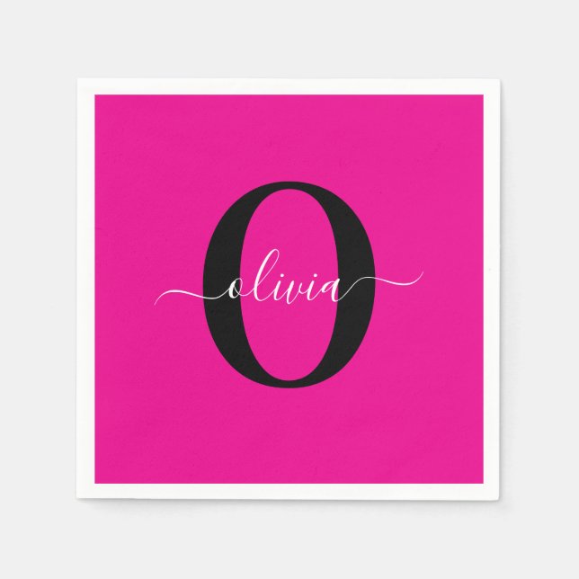 Personalisierte Monogramm-Schriftname Pink Schwarz Serviette (Vorderseite)