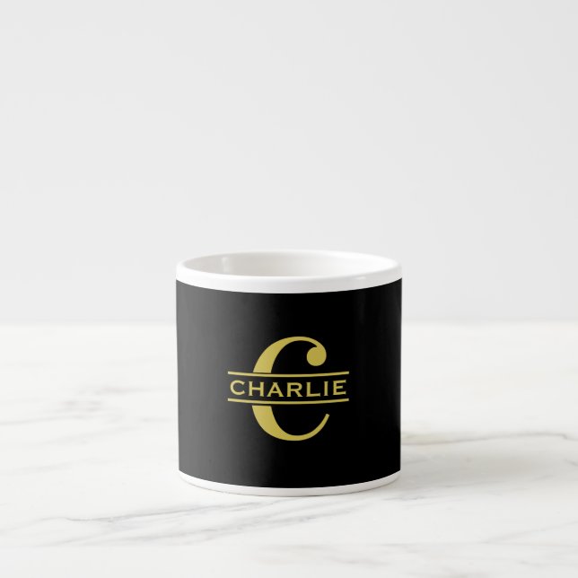 Personalisierte Monogramm und Name Schwarz und Gol Espressotasse (Vorderseite)