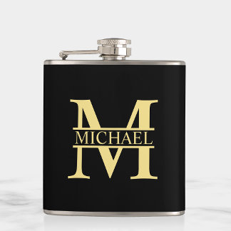 Personalisierte Monogramm und Name Schwarz und Gol Flachmann
