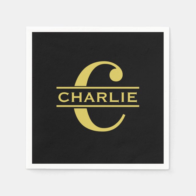Personalisierte Monogramm und Name Schwarz und Gol Serviette (Vorderseite)