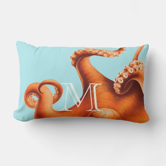 Personalisierte Monogramm-Vintage Octopus-Illustra Kissen Für Draußen (Vorderseite)