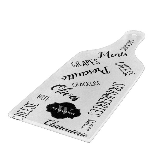 Personalisierte Monogramm-Zeichen schwarze Worte Schneidebrett (Ecke)