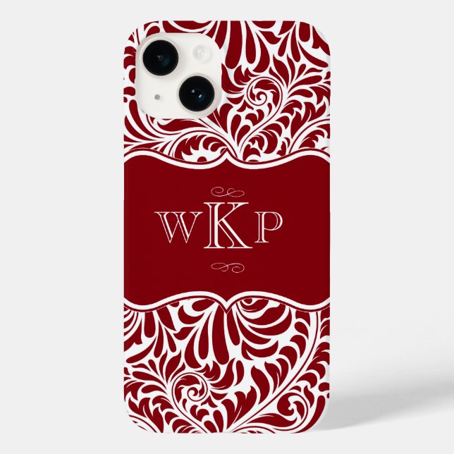 Personalisierte Monogramme Cranberry Damask Muster Case-Mate iPhone Hülle (Rückseite)