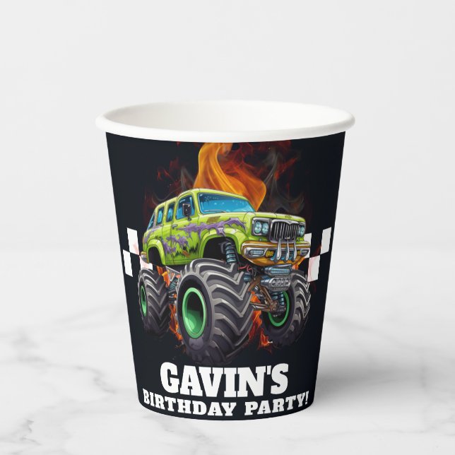 Personalisierte Monster Truck Geburtstagsparty Pappbecher (Vorderseite)