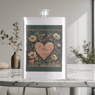 Personalisierte Mr & Mrs Hochzeit Vintage Blumen  Flachmann