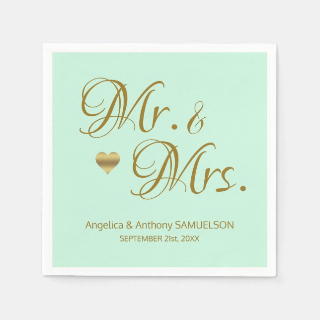 Personalisierte Mr. & Mrs. Mint Green Gold Wedding Serviette (Vorderseite)