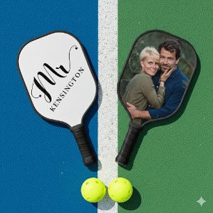Personalisierte Mr. Newlywed Typography Foto Pickleball Schläger