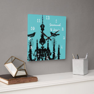 Personalisierte Mustard Yellow Chandelier Bird Clo Quadratische Wanduhr