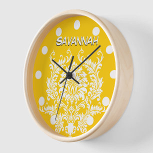 Personalisierte Mustard Yellow Damask Wall Clock Wanduhr