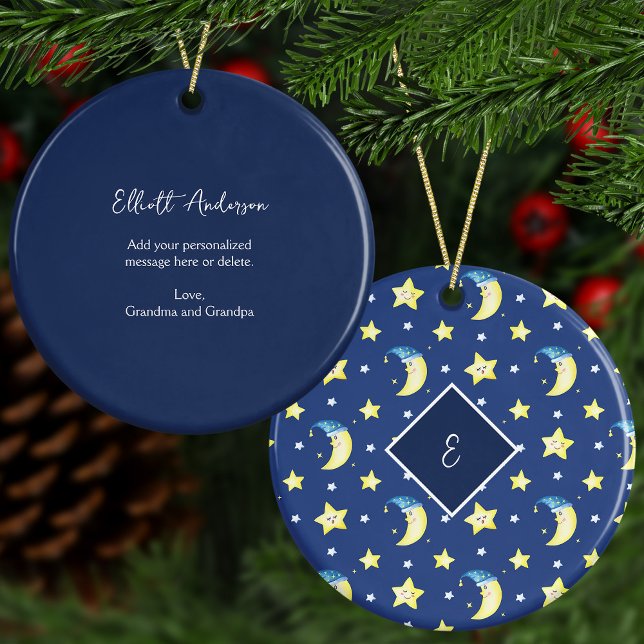 Personalisierte Nachricht Moon and Stars Blue Chri Keramik Ornament (Von Creator hochgeladen)
