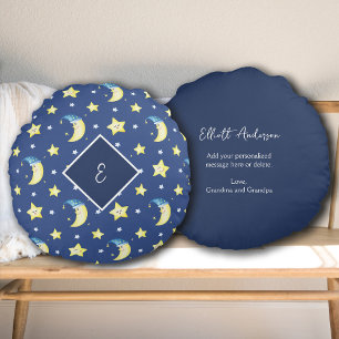 Personalisierte Nachricht Moon and Stars Blue Rundes Kissen