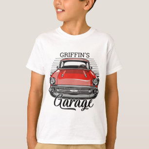 Personalisierte NAME Retro-Rot-Klassiker-Autogarag T-Shirt