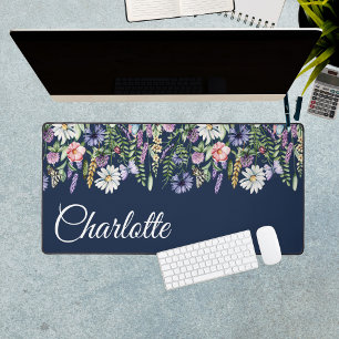 Personalisierte Name Wildblumen Navy Blau Schreibtischunterlage