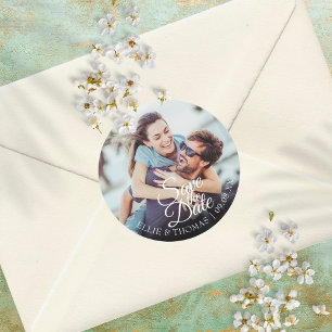 Personalisierte Namen Foto Schrift Save-the-Date Runder Aufkleber