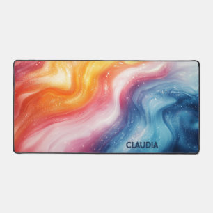 Personalisierte Namen Orange Blaue Wirbel Abstract Schreibtischunterlage