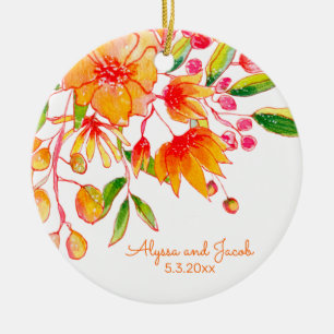 Personalisierte Namen Orange Bloral Hochzeitdatum Keramik Ornament