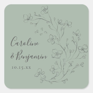 Personalisierte Namen Salbeigrüne Florale Hochzeit Quadratischer Aufkleber