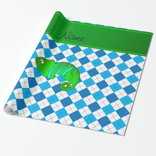 Personalisierte Namenschamäleonblau-Raute Geschenkpapier (Ungerollt)