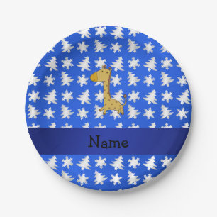 Personalisierte Namensgiraffe, blaue Schneeflocken Pappteller