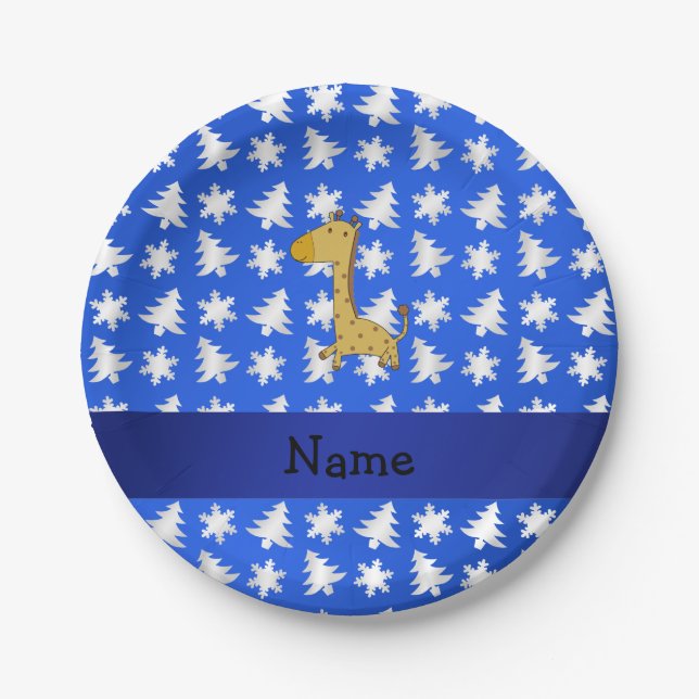 Personalisierte Namensgiraffe, blaue Schneeflocken Pappteller (Vorderseite)