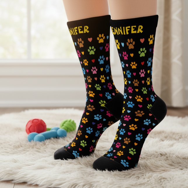 Personalisierte Namensherzen und Drucksocken einfü Socken (🐾 Bright, bold & custom – paw print socks for pet lovers!)